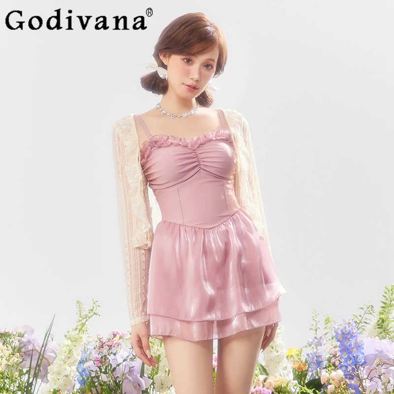 Summer Fashion Sweet Y2k Pink Swimsuit High Street Slim-Fit One-Piece Ruffled Edge Sexy Elegant Sling Swimwears Beach Dress