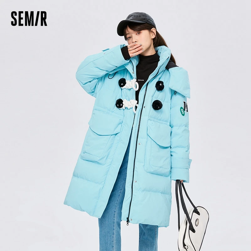 Semir Down Jacket Women Long Waterproof 2023 Winter New Loose Buckle Design Milk Yellow Down Jacket