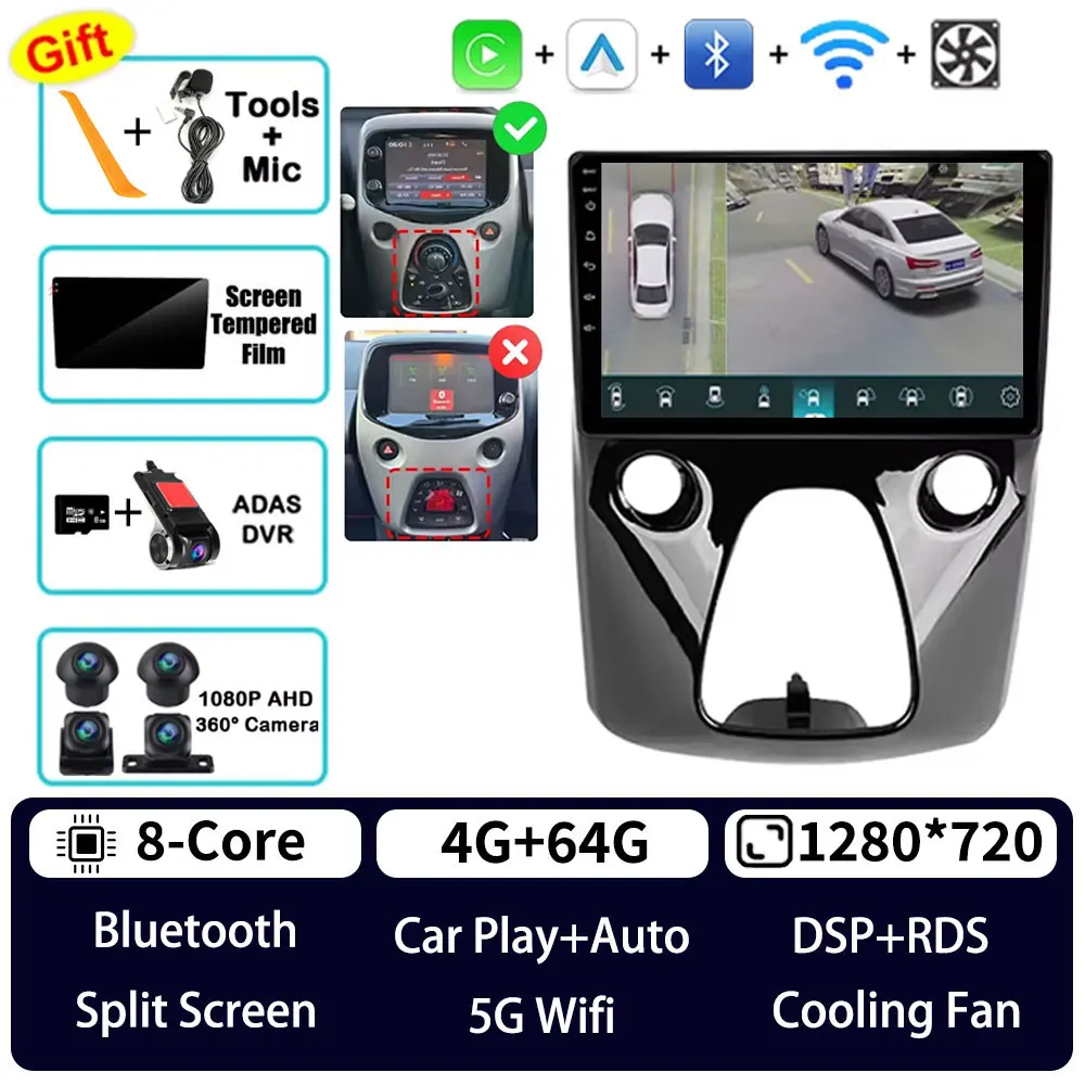 Android 15 Autoradio Voor Peugeot 108 Citroen C1 Toyota Aygo B40 2014 - 2021 Gps Multimedia Speler Navi Draadloze carplay Auto Dsp
