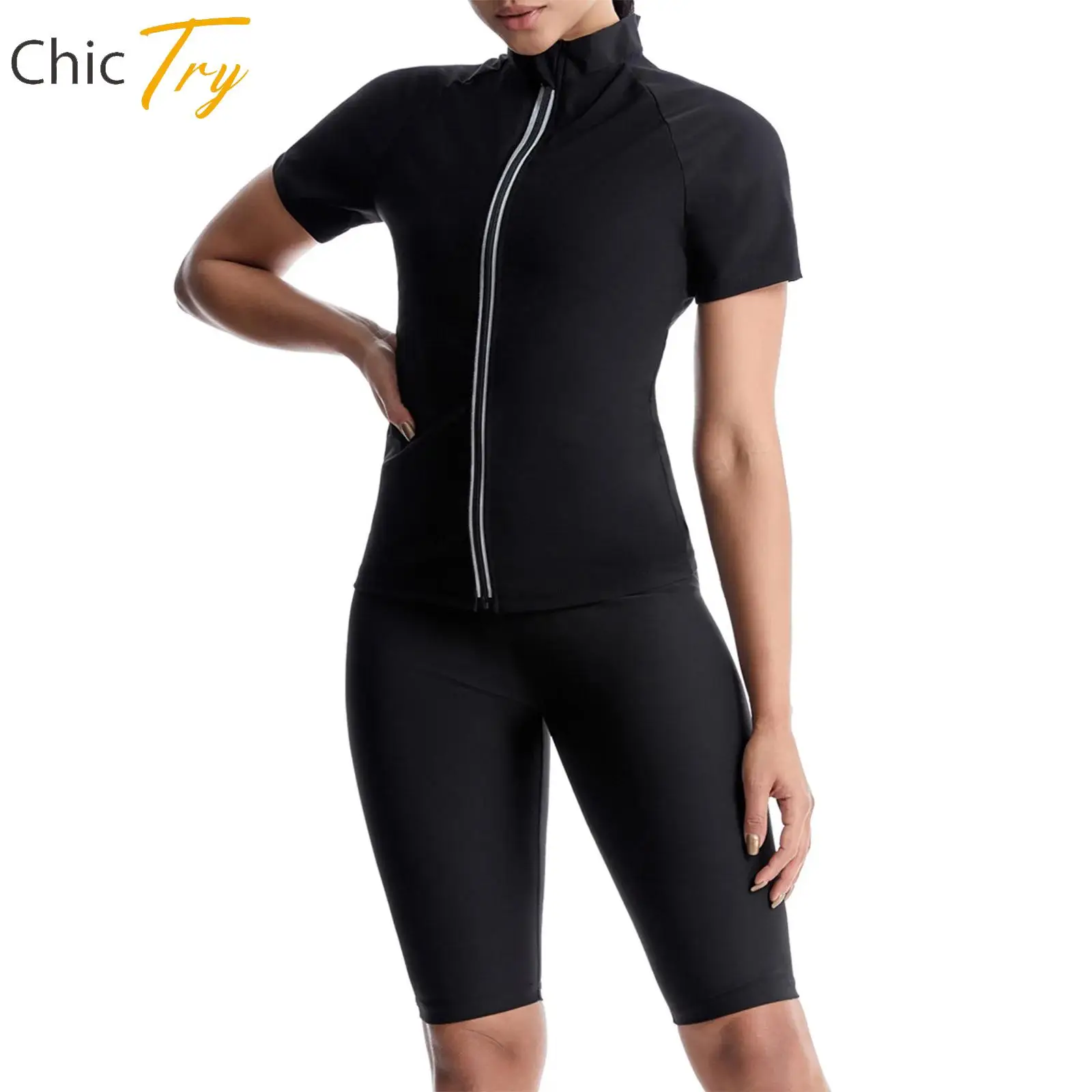 

2Pcs Womens Sweat Sauna Suit Body Shaper Workout Outfit Short Sleeve Zipper Jacket with Knee Length Shorts for Yoga Gym Sports