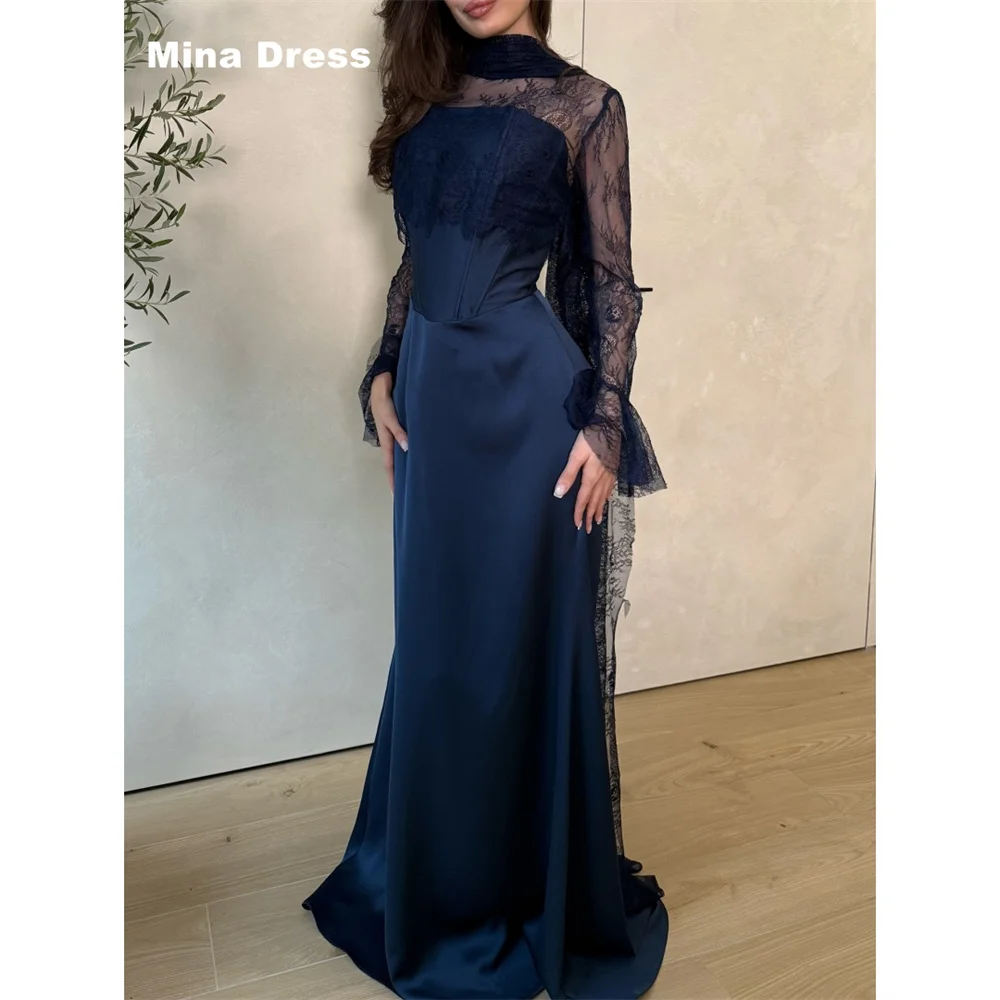 

Mina Customized Navy Blue Elegant Night Dresses for Special Occasions Lace Embroidery Formal & Evening Gowns Shawl Long Sleeve
