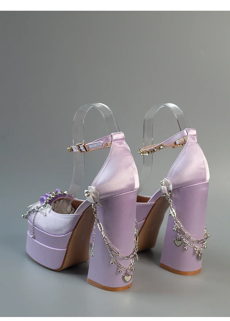 Women Platform Heels Japanese Metal Chain Cross Rhinestone Lolita Pink Bride Wedding High Heels Girl Sweet Mary Jane Shoes