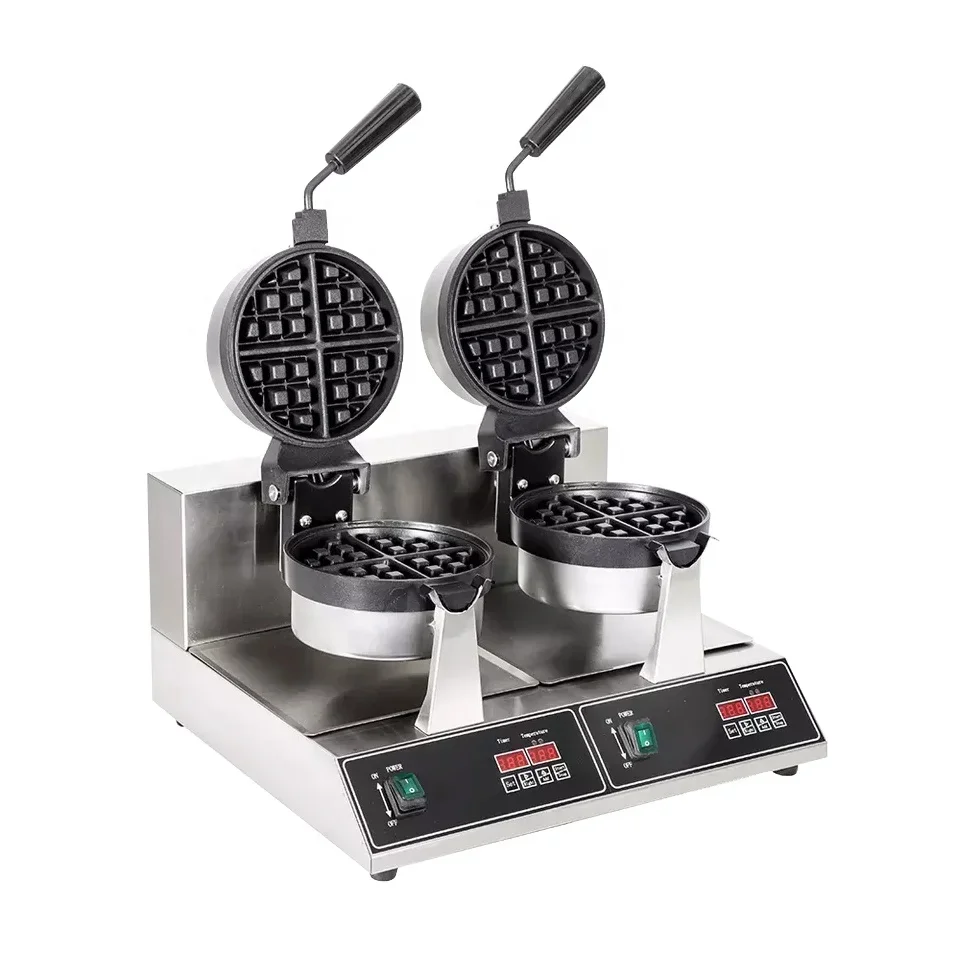 Digital Double Rotary Belgian Waffle Maker Machine 2600W Round Stainless Steel Waffle Cone Baker Commercial Waffle Roaster