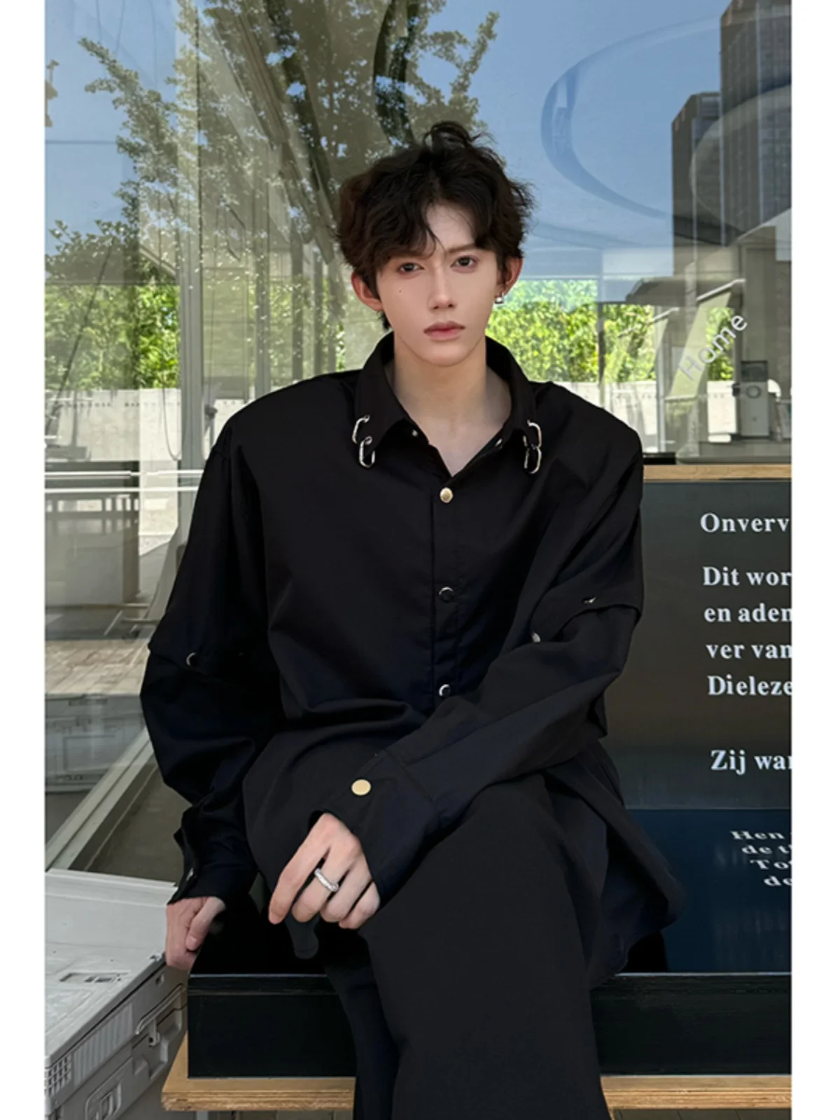 

Cleanfit Bla Men's Long Sve irt oulder Pad Korean Sle Summer Casual High-End Feeling Polyester Fiber irt