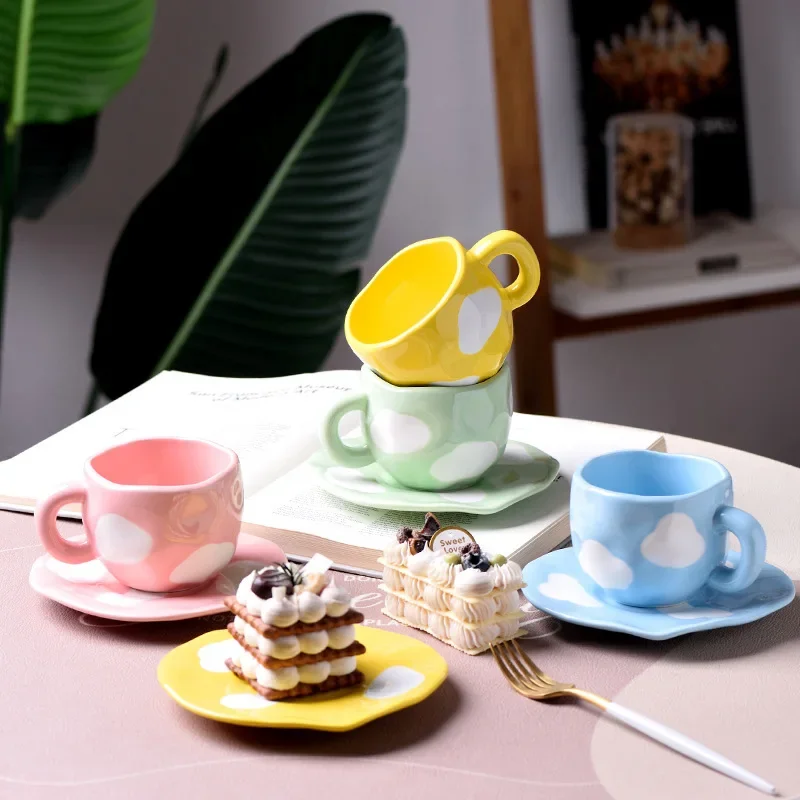 Creative small fresh underglaze color hand-painted white cloud coffee cup saucer hand-pinched irregular cloud ceramic cup snack