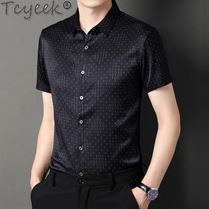 

Tcyeek 90.8% Mulberry Silk High-end Shirt for Men Summer Clothes Thin Style Short Sleeve Top Business Casual Mens Shirts Dots