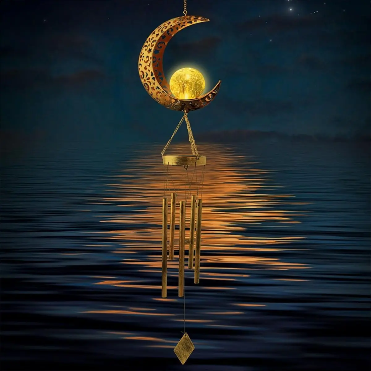 giftnew Moon Wind Chime Outdoor Light, Glass Ball Included, Birthday Gift for Mom and Grandma, Garden Decoration