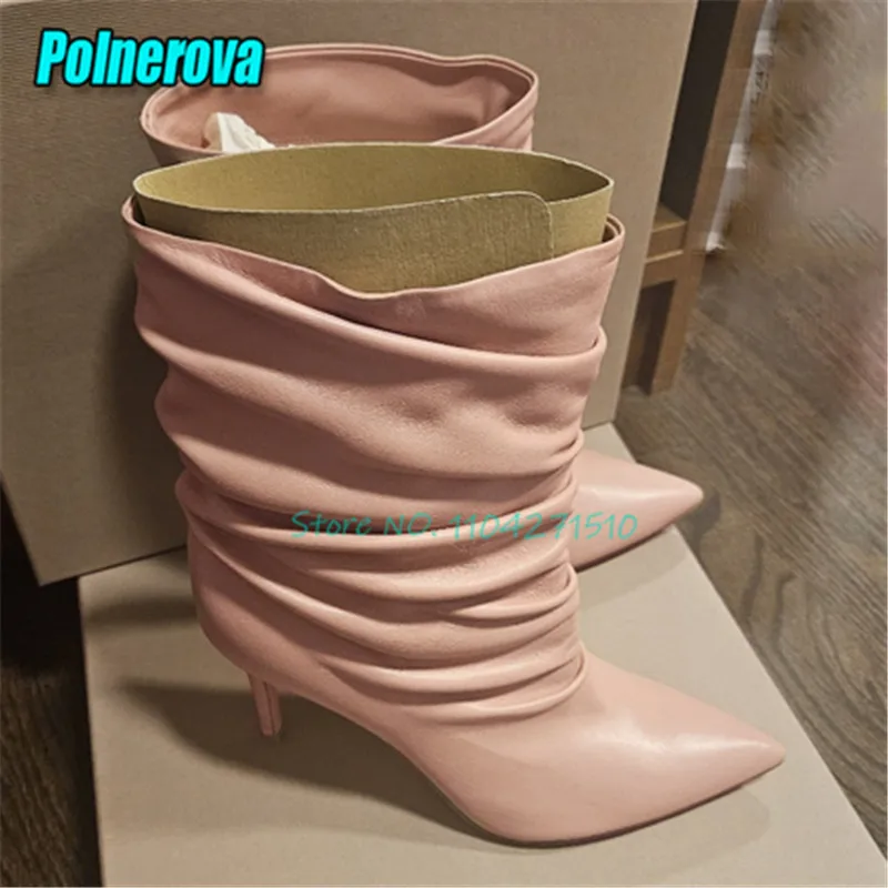Fashion Wrinkled Leather Thin High Heels for Women Summer Sexy Pointy Toe Solid Color Slip-On Mid-Calf Boots Party Dress Shoes