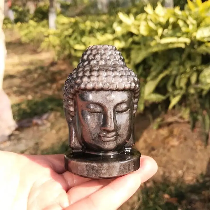 Natural Silver Obsidian Buddha Head Carving Healing Stone Gemstone Reiki Home Decor Crystal Craft Gifts 1pcs