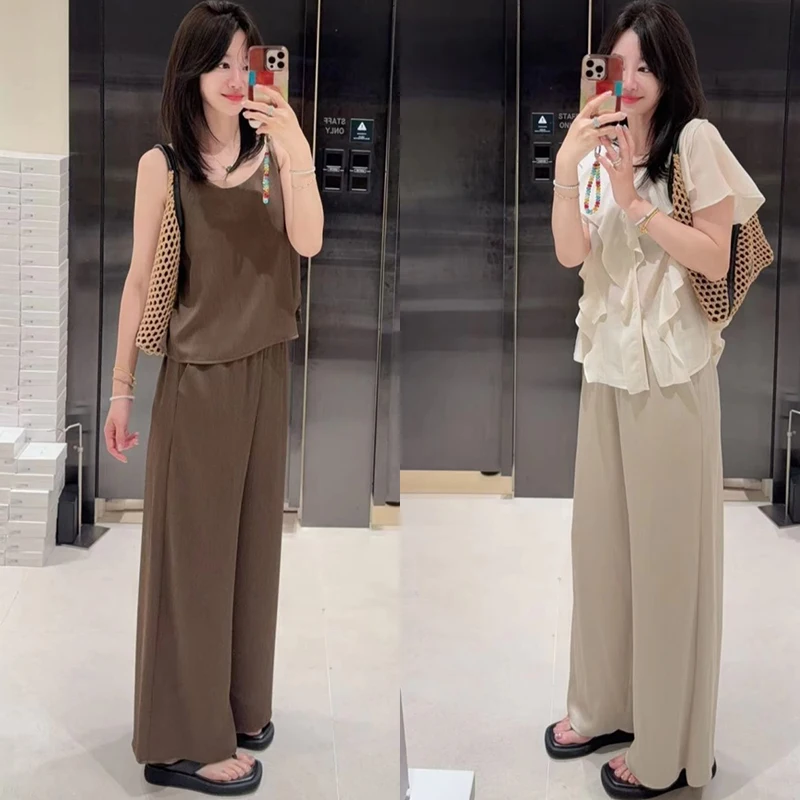 

Шелковистые брюки с высокой талией, эластичные, широкие, тонкие, повседневные, женские, летние, свободного кроя, глянцевые, в полоску, повседневные