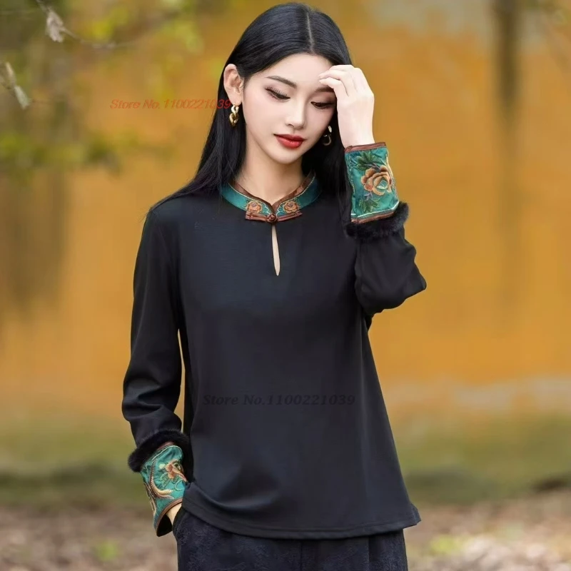 2025 traditional chinese hanfu tops national flower embroidery stand collar shirt retro base shirt vintage fleece lined shirt