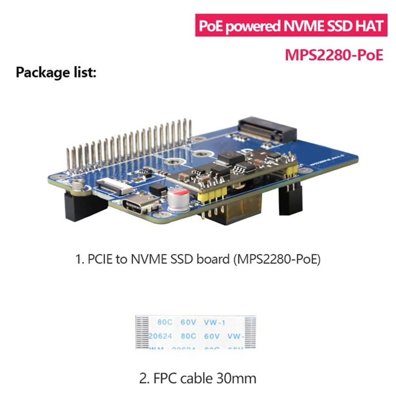 MPS2280 Poe For Raspberry Pi5 Poe PCIE To NVME SSD HAT Support 2230/2242/2280 SSD Support 5V4.5A Output Durable Easy To Use