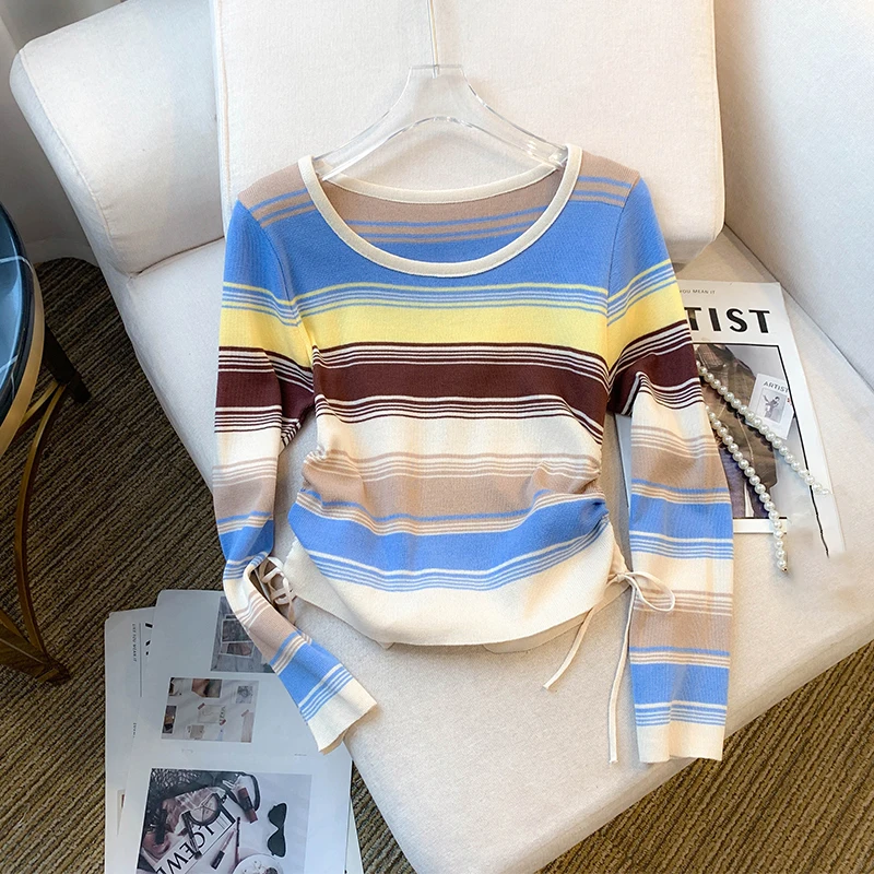 Autumn Striped T-Shirt Women Korean Long Sleeve O-Neck Pullovers Casual Y2k Shirring Streetwear Slim Fit Top Women's Clothing