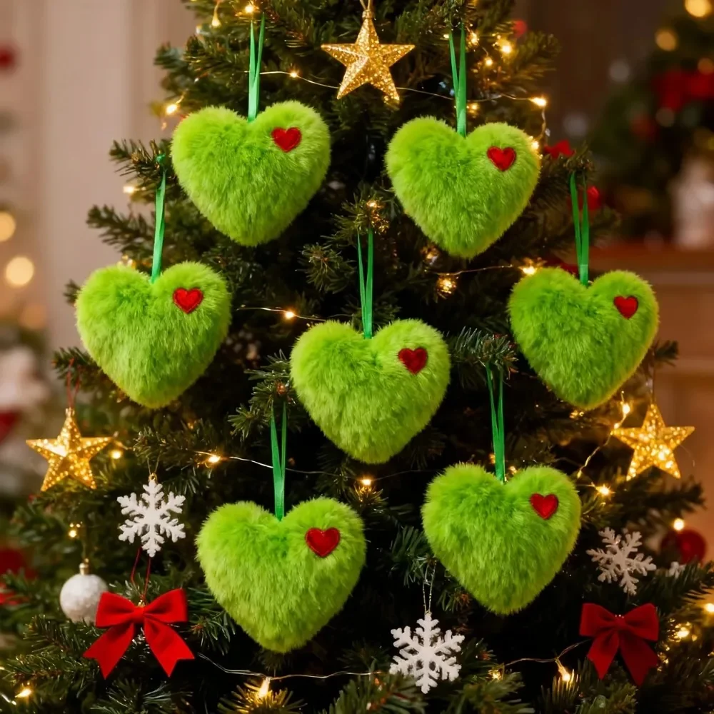 5-15 Stück Grüne Flauschige Herz-Weihnachtsornamente Rotes Herz im Grinch-Stil Herz-Christbaumkugel Weihnachtsbaum-Hängedekoration für Feiertagspartys – Detail 2