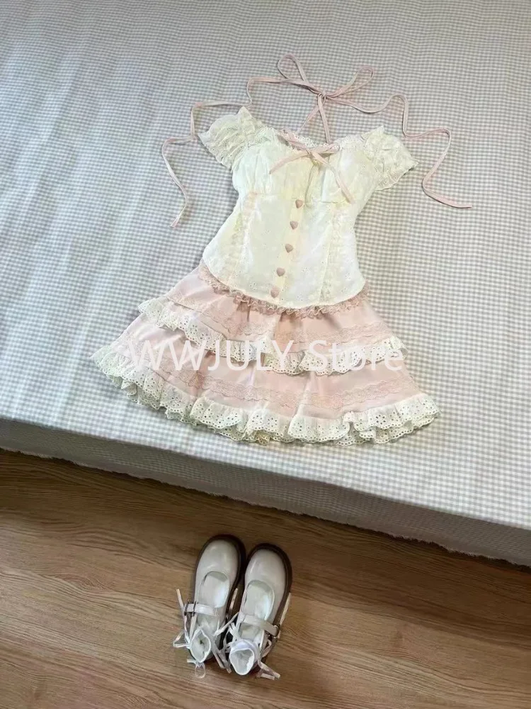 Conjunto de saia kawaii vintage com renda para mulheres, mini saia de princesa Y2K, terno elegante e doce, japonês, fêmea, novo, 2 peças, 2024