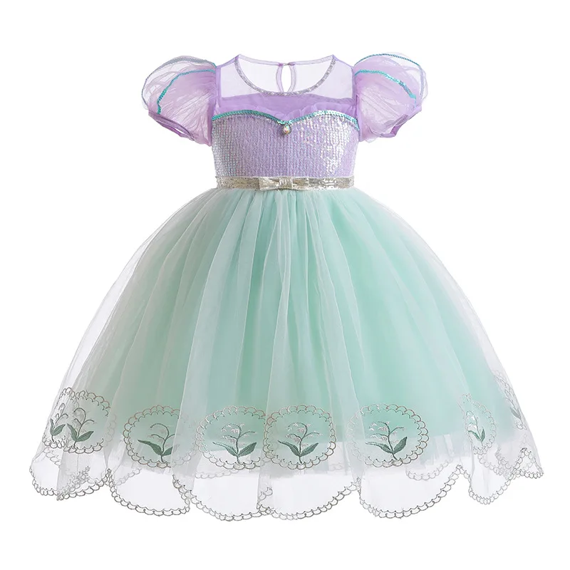 Girls Mermaid Dress for Kids Ball Gown Sequins Purple Puff Sleeves Mesh Costume Birthday Gift Carnival Halloween Party Clothing