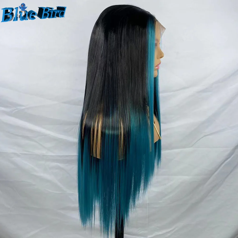 BlueBird-Peluca de cabello sintético para mujer, pelo largo 1b/azul Balayage 13x4, sin pegamento, con frente de encaje, liso y sedoso, resistente al calor