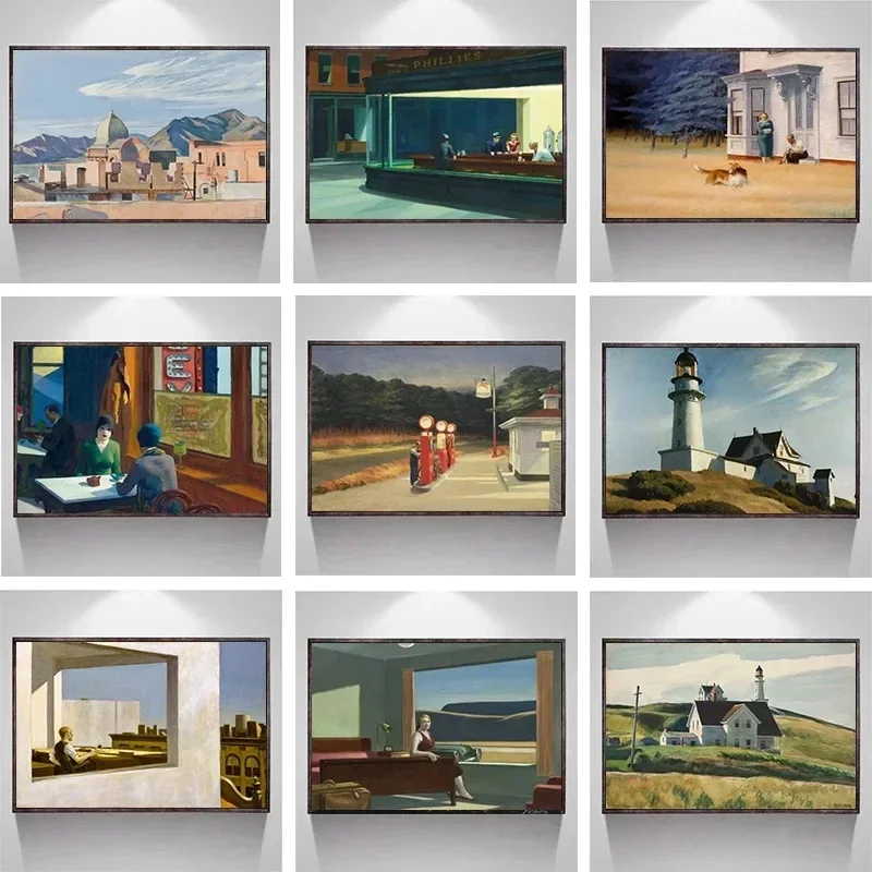 1pc frameless Canvas Painting Edward Hopper Famous Realistic Master Nighthawks Life Landscape Poster Canvas Painting Wall Art Pi