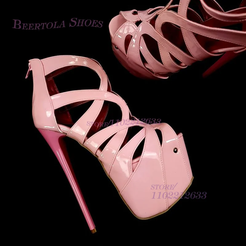 Cross Stripes Hollow Peep Toe Heels Platform Pink Back Zipper Open Sandals Women Casual Leather Heels Cute Girl Party Dance Shoe