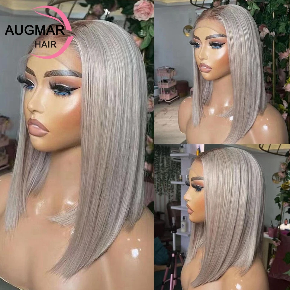 

Grey Short 360 Lace Frontal Wig Platinum Blonde Ombre Wig Gluelese 13x4 HD Straight Bob Wig Lace Front Human Hair Wigs For Women