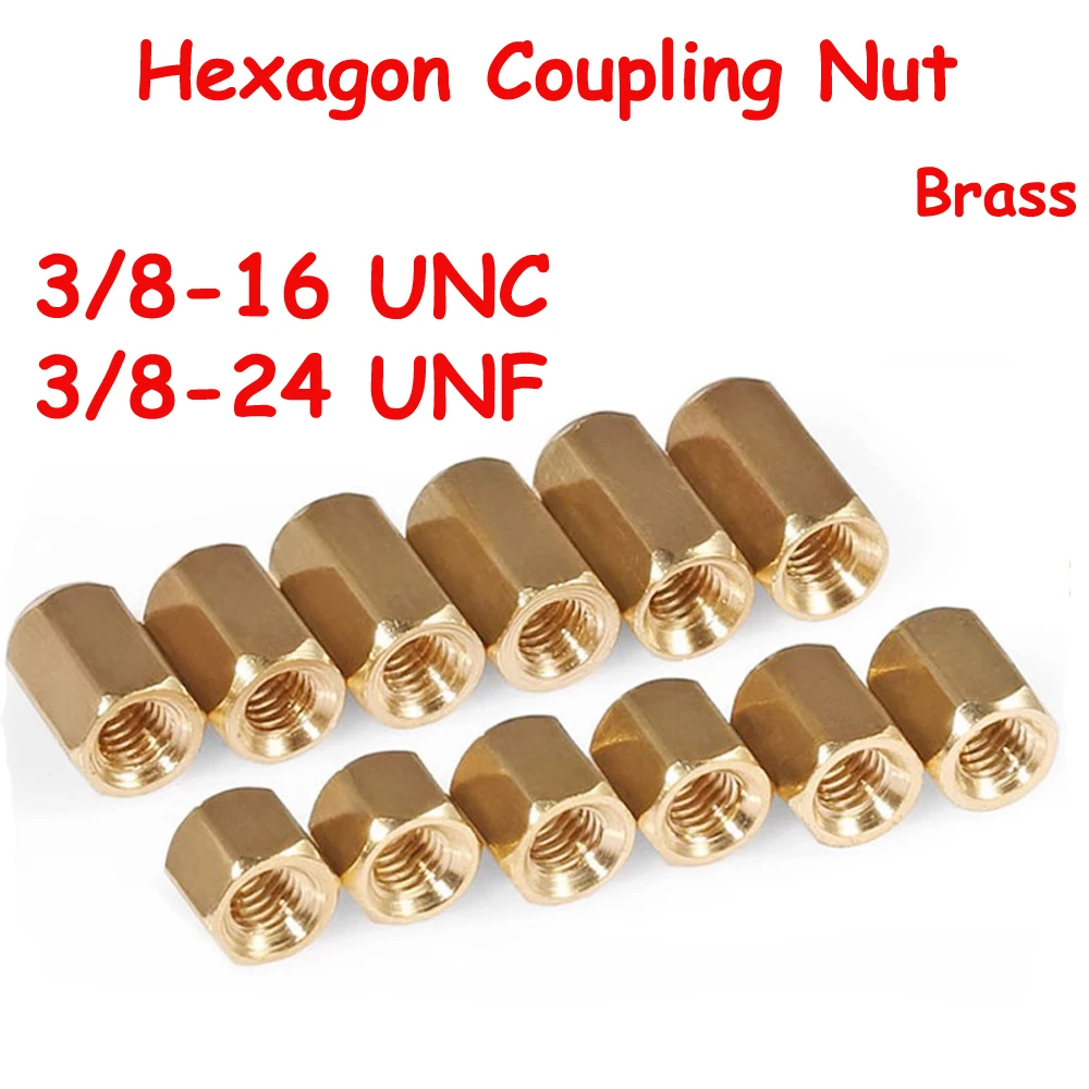 Brass Hexagon Coupling Nuts 3/8-16 UNC 3/8-24 UNF Thickened Copper Connector for Mechanical Parts