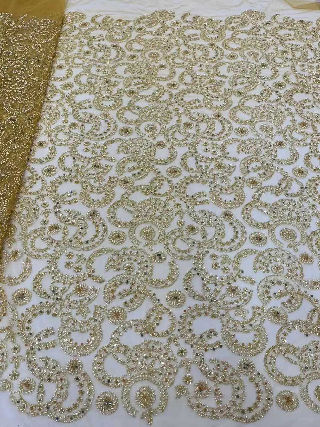 

Popular Bead Embroidery With Pearls Crystal Stones French mesh Fabric/ African Nigeria Lace ,Evening Dresses, Weddings Party