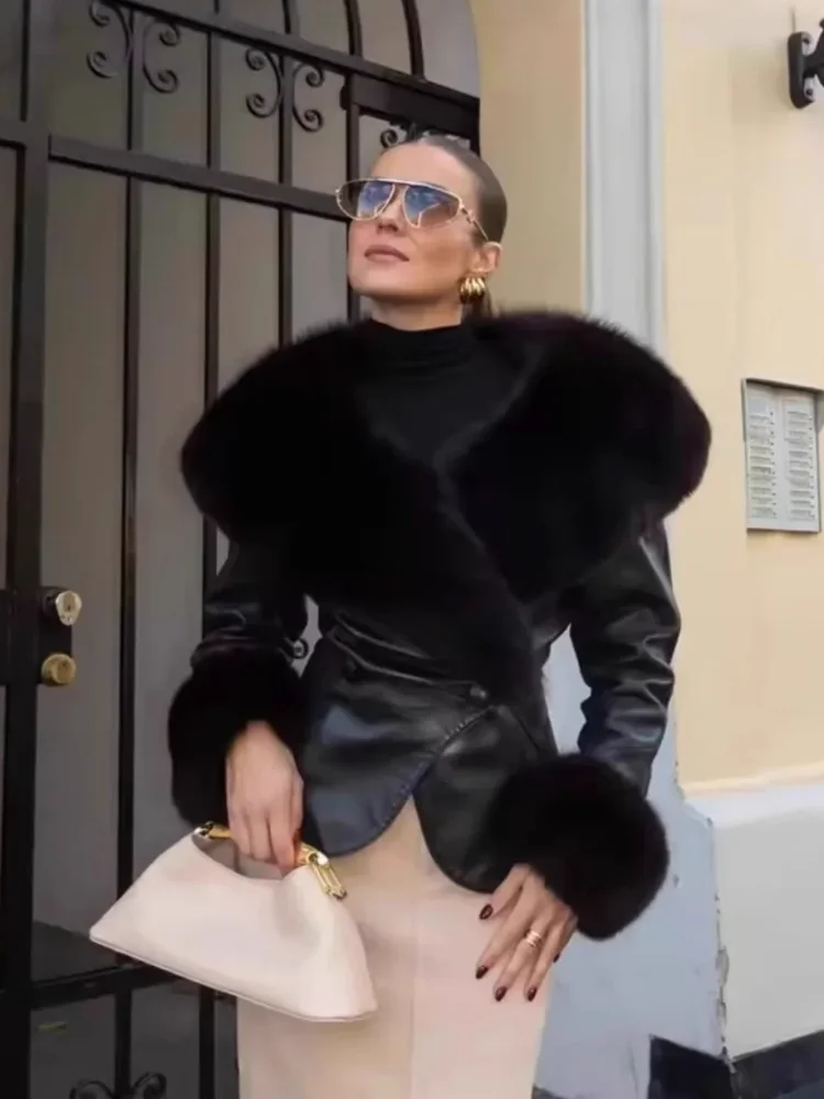 

Lady Black Fur Collar Leather Jacket Chic Solid Full Sleeves Waist Cinching V-neck Short Coat Women 2026 High Street Outerwears