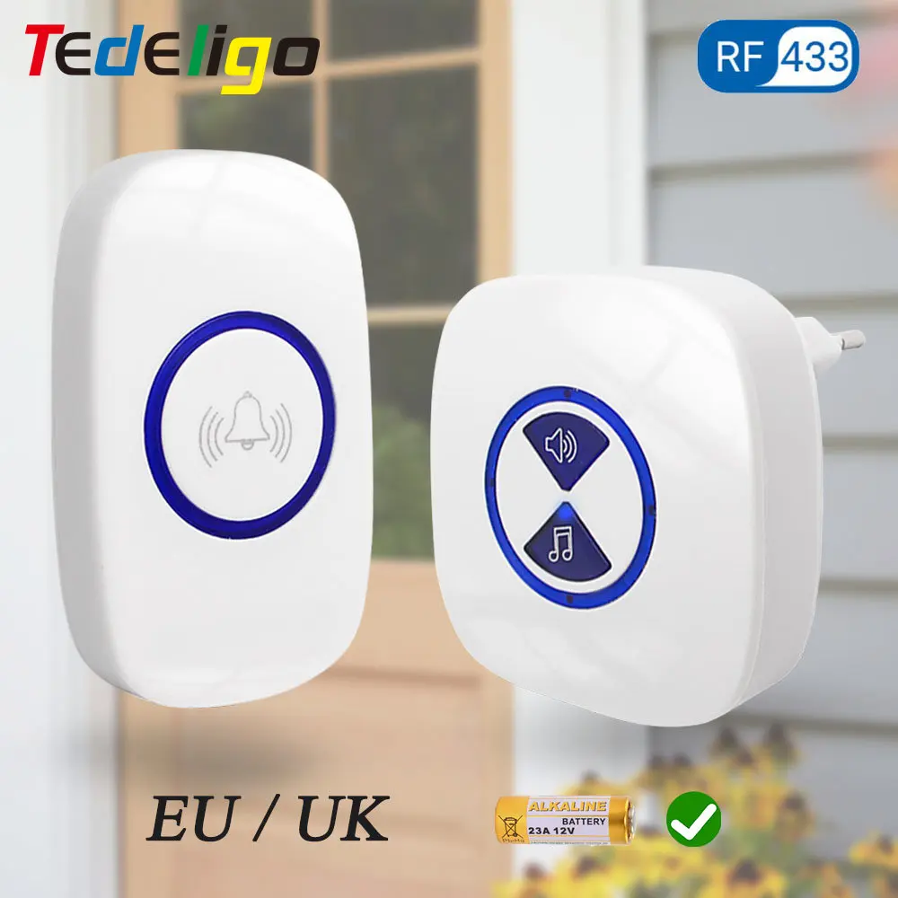 110V 220V Wireless Doorbell Set Outdoor Waterproof Transmitter Receiver Door Chimes,Smart Bell Remote Control 100m Range UK EU