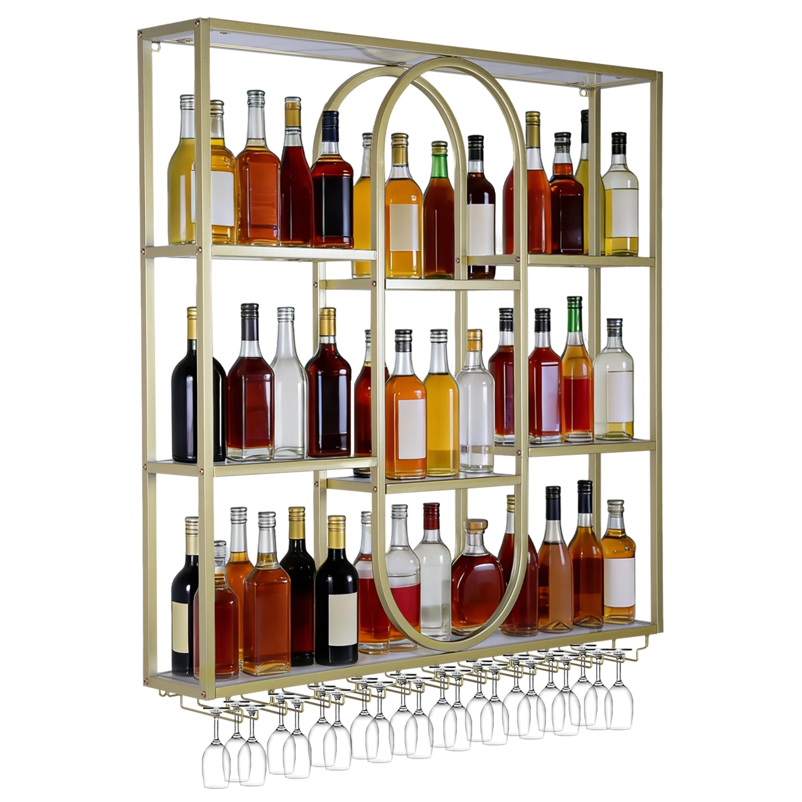 

47in 3 Tier Metal Bottle Display Wine Rack with Glass Holder Half Round Wine Rack for Home Bar Dining Room Kitchen Living Room