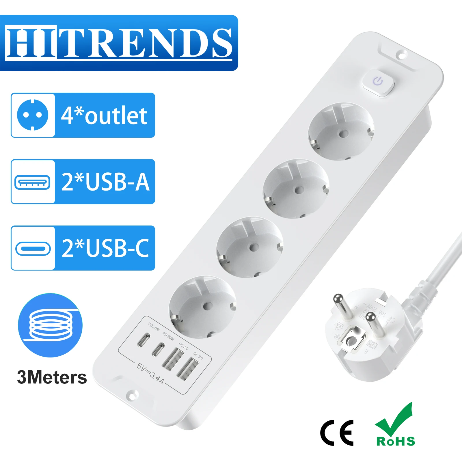 HITRENDS 4-socket EU Desktop Power Strip with 3m cable, Recessed Socket with 2 USB and 2 Type-C ports 240V/16A multi plug
