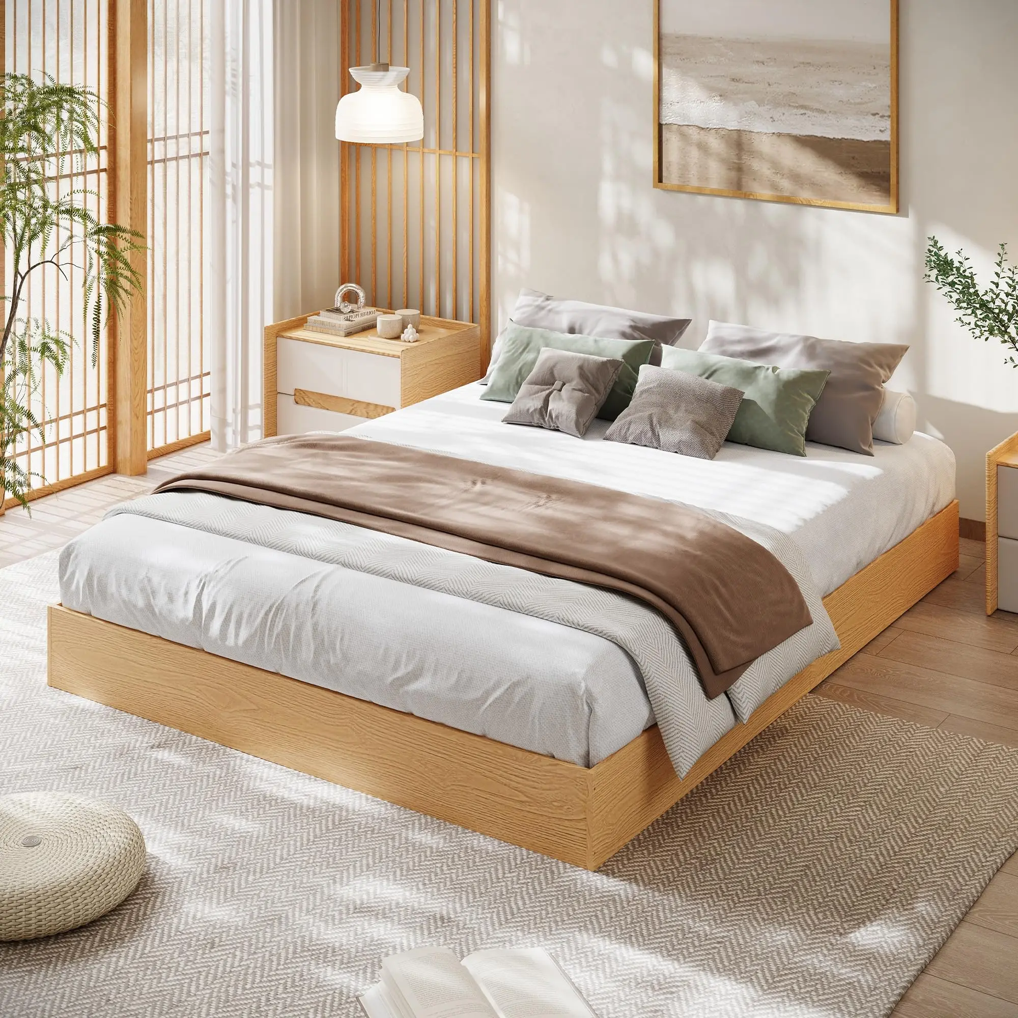 Low-Profile Twin/Twin XL Wooden Platform Bed Frame - Minimalist Floor-Standing Design, No Headboard, Wood Slats, Easy Assembly for Small Spaces - Oak/Walnut/Pine