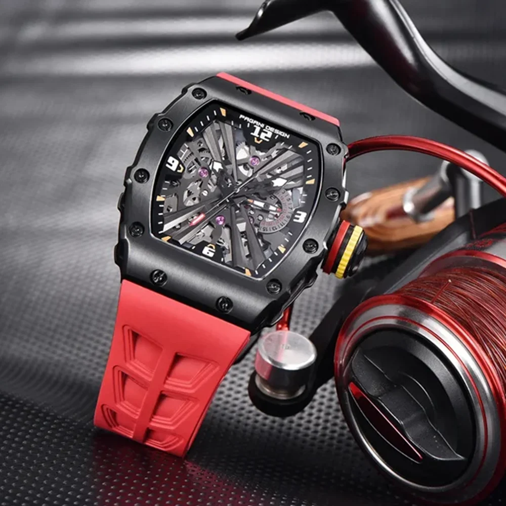 PAGANI DESIGN Relojes de cuarzo originales para hombre VH65 Movt Esfera con mecanismo al descubierto 100M Reloj deportivo rectangular con cristal de zafiro resistente al agua para hombre