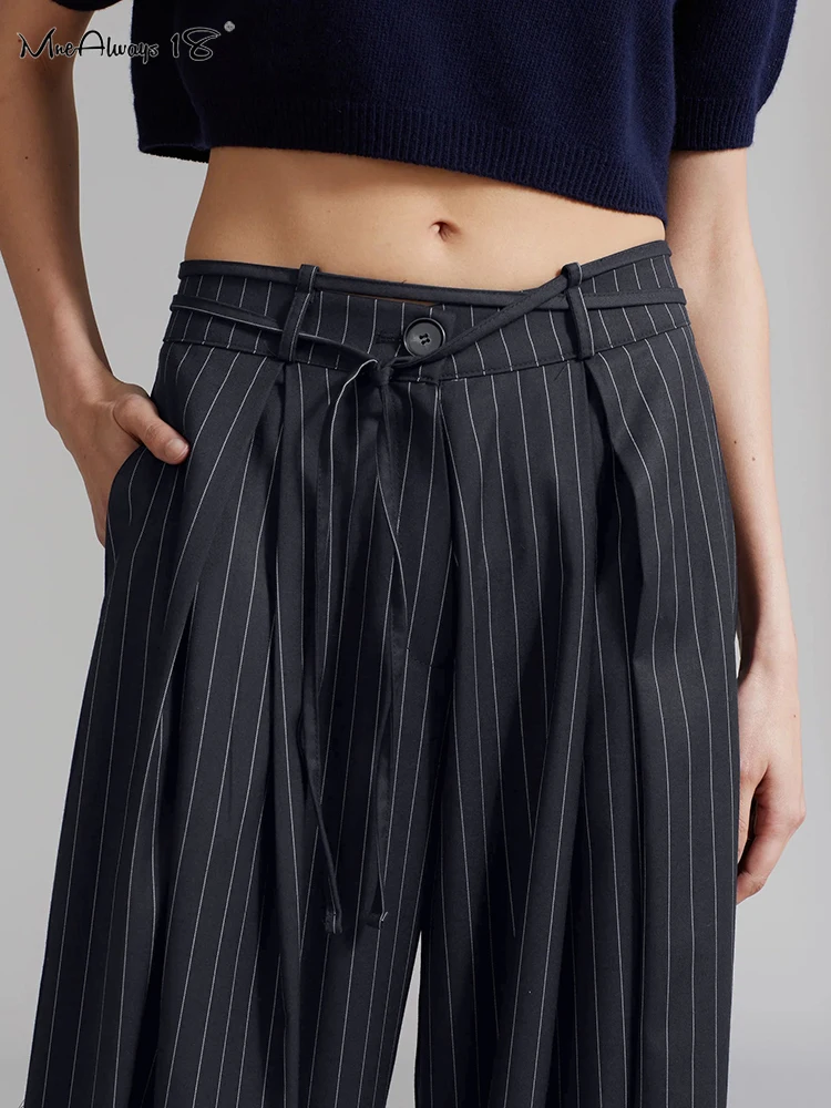 女性用プリーツストライプパンツ,レースアップオフィスパンツ,地面までの長さ,ワイドレッグ,ロングカジュアルパンツ,Mnealways18-High,春,2022