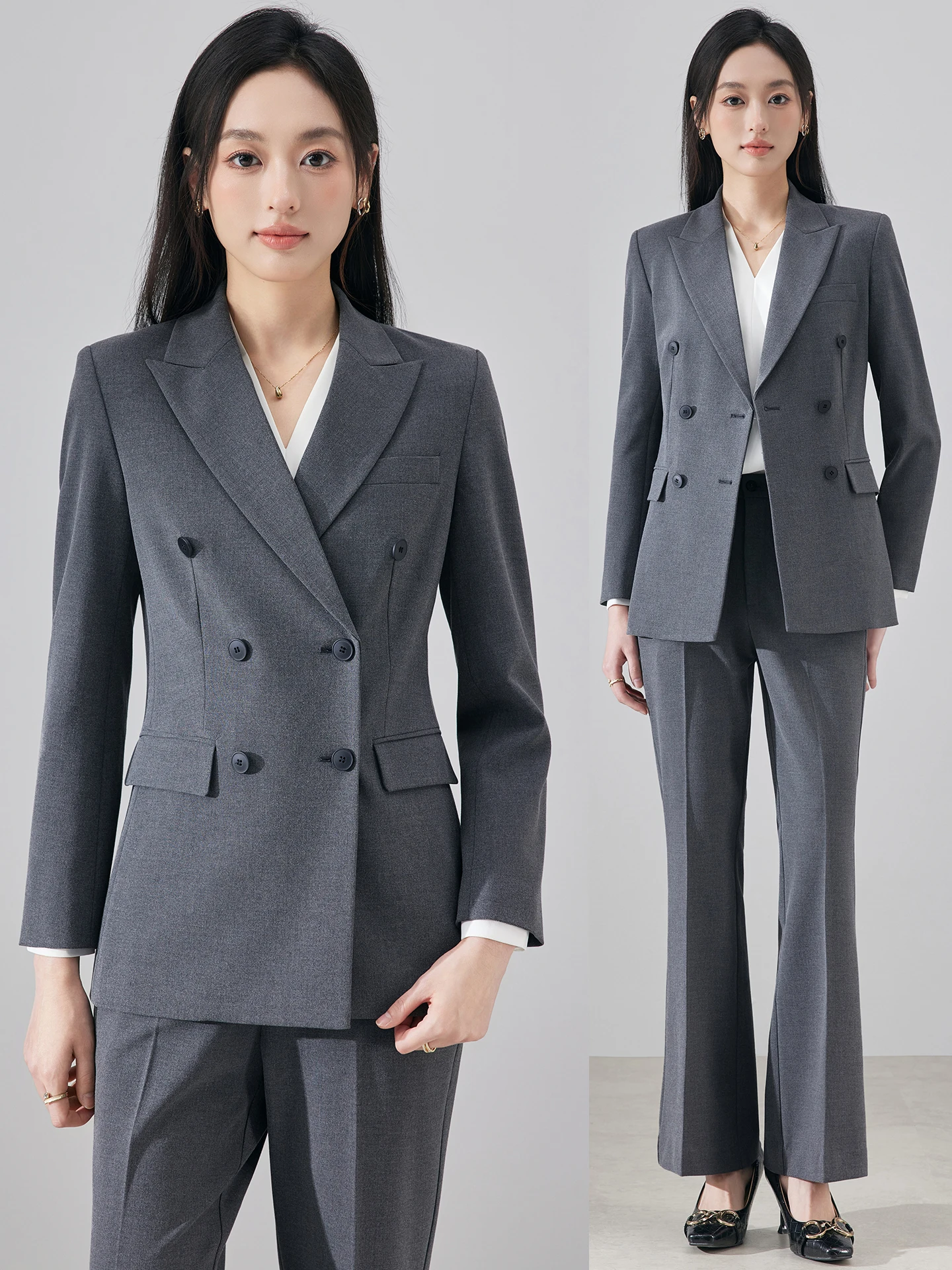 Gray Suit Set Women's Business Professional OL Career Interview Commute Formal Western Jacket Outfit Slim Fit Long Sleeve Button