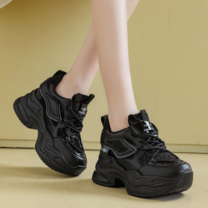 9cm Air Mesh Synthetic Genuine Leather Bling Spring Autumn Hollow Summer Chunky Sneakers Platform Wedge Flats Women Shoes
