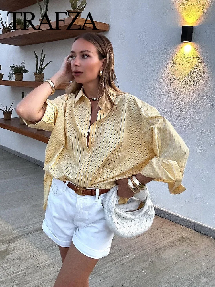 TRAFZA Women 2024 New Fashion Summer Yellow Striped Single Breasted Shirts Women\'s Casual Loose Lapel Long Sleeved Tops TRAF