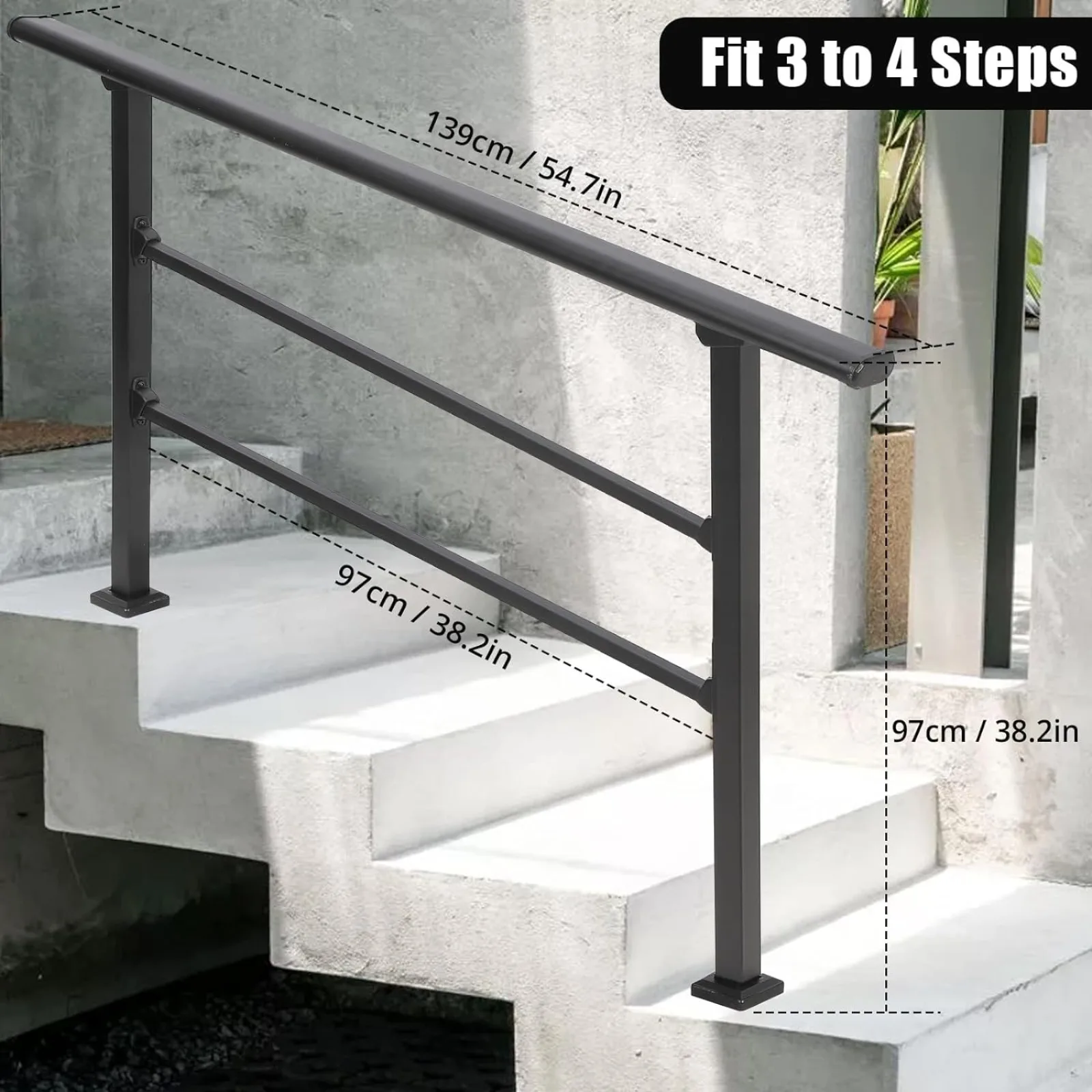 Pasamanos de EE. UU. Para escalones al aire libre, barandilla de escalera para exteriores que se adapta a 3 a 4 escalones, barandilla de porche resistente con Kit de instalación