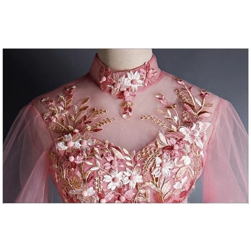 2025 novo vestido de noite de malha de gola alta bordado feminino elegante, fino e elegante banquete vestido longo saia pong