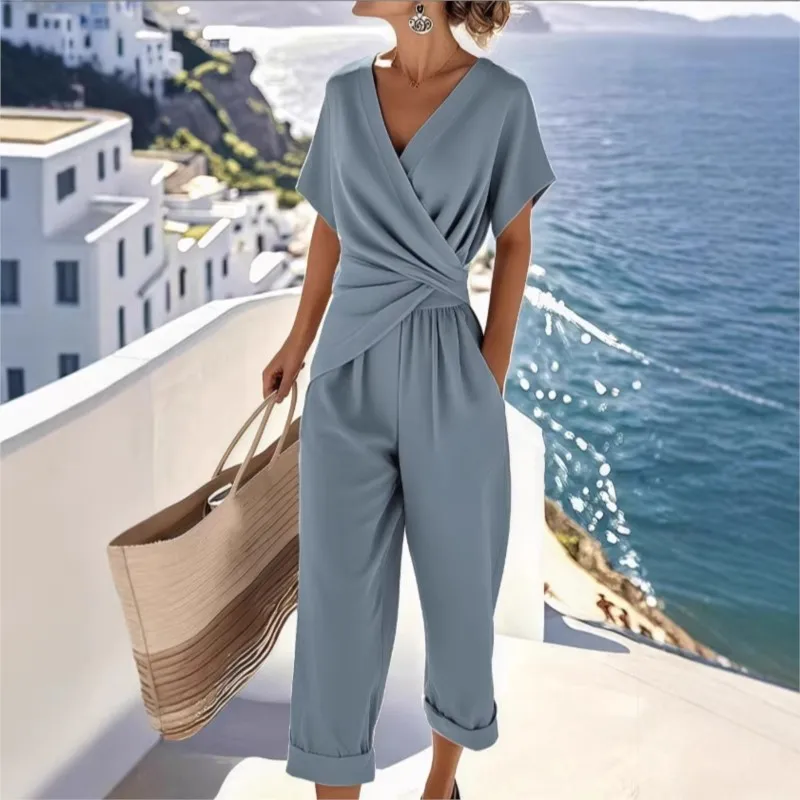 

Women's Summer Fashion Solid Two Pieces Sets Elegant V Neck Slim Office Set Casual Pleated Irregular Top & Pants Female Outfits