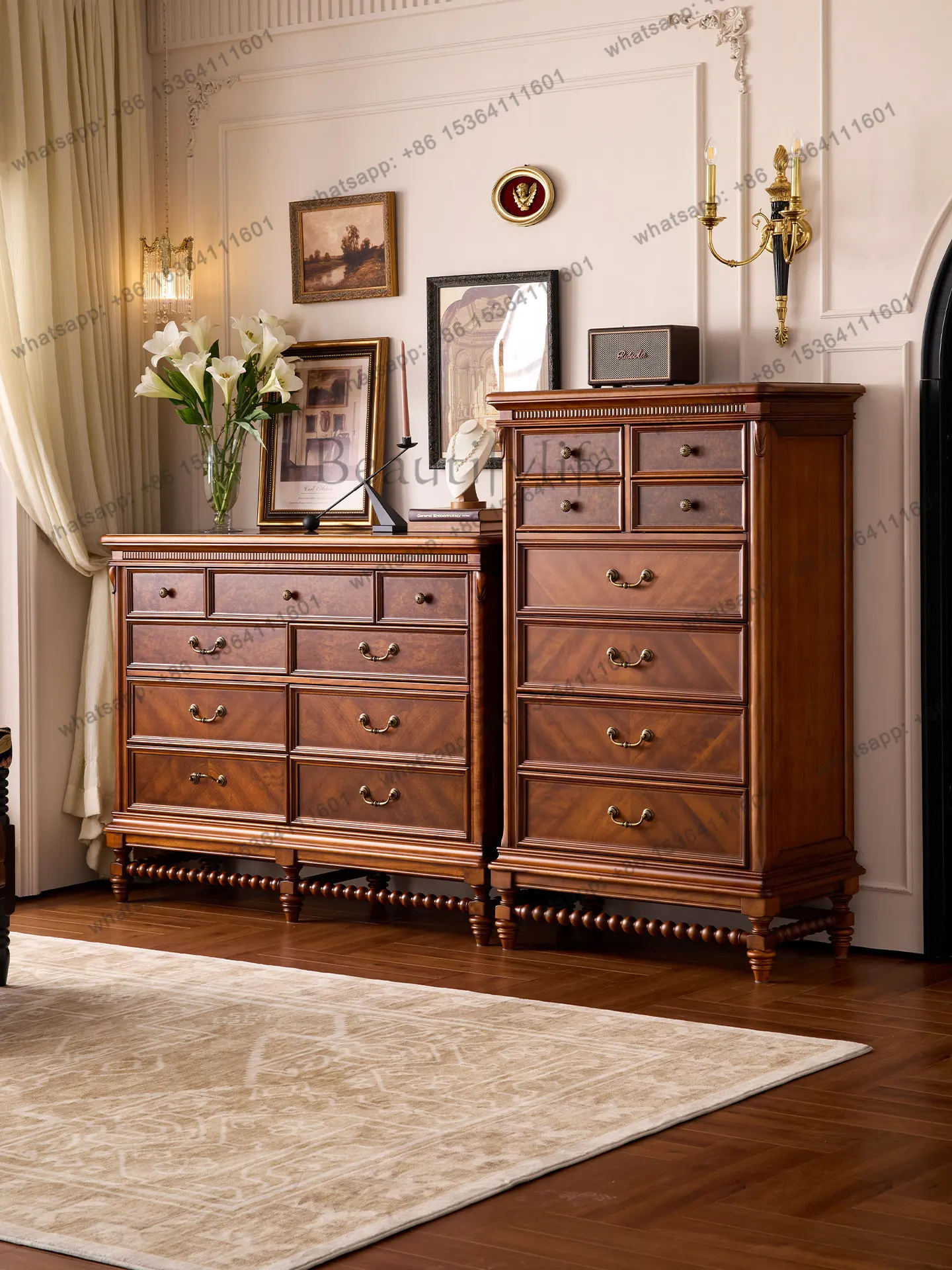 LD French retro solid wood eight-bucket cabinet in the ancient style living room against the wall cabinet