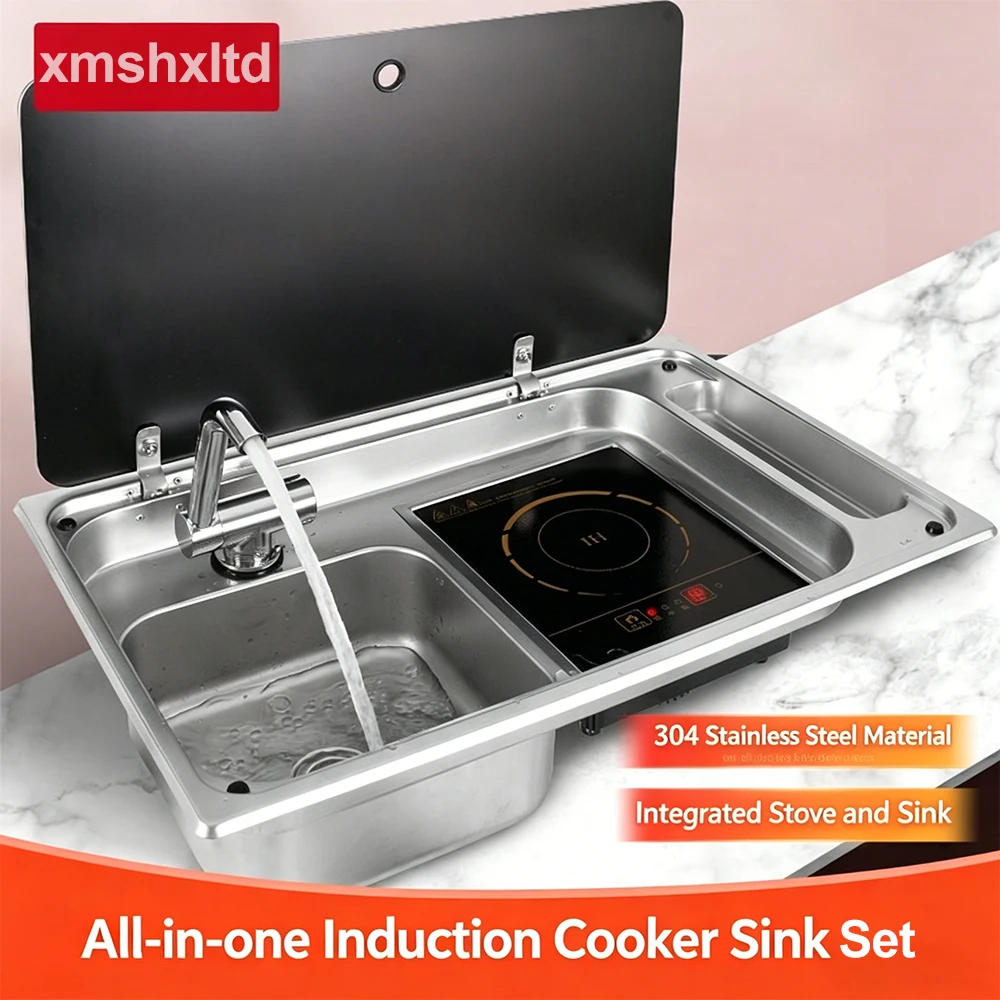 RV Gas Stove Sink with Faucet, Trailer with Detachable Chassis, Stainless Steel Washbasin, Induction Cooker, Integrated Sink