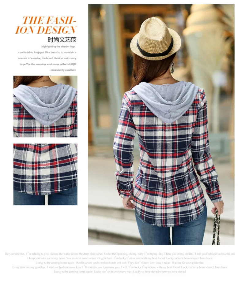 Women Fashion Plaid Hooded Shirt Loose Fit Flannel Shirt Long Sleeve Woman Blouse Shirt Cotton Blusas British Style Womens Tops