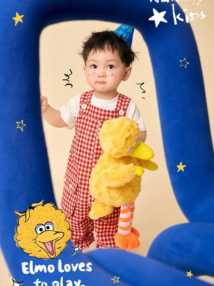 Pakaian kostum bayi 1-2 tahun, celana panjang Suspender kotak-kotak + setelan fotografi lengan pendek properti boneka kartun Anime tema seni foto