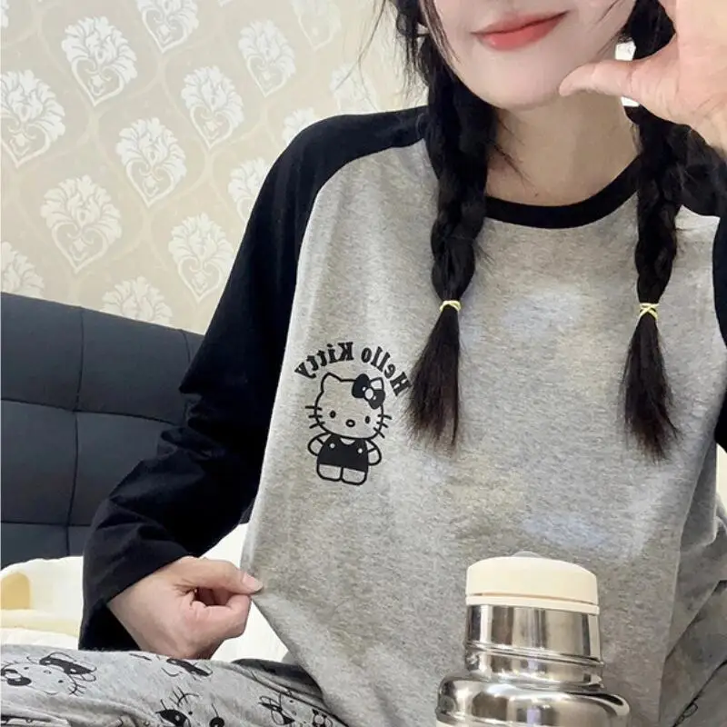 Camiseta de dibujos animados de Hello Kitty para mujer, pantalones de manga larga para chica encantadora, ropa cómoda Kawaii para el hogar, pijamas informales para adolescentes