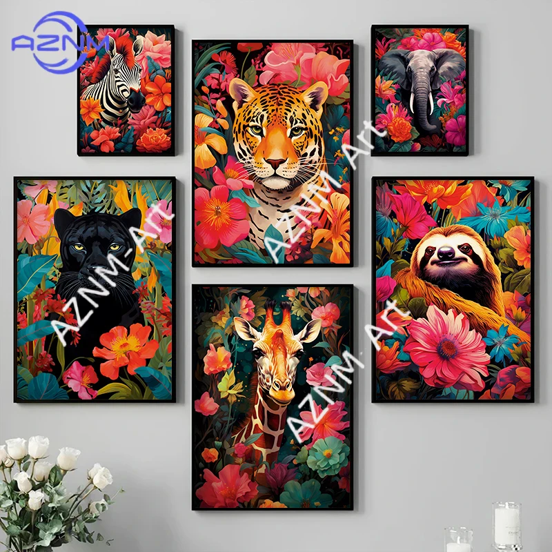 Giraffe Zebra Elephant Leopard Sloth Jungle Animals Flowers Poster Wild Life Print Canvas Paintings Wall Art Home Decor Picture