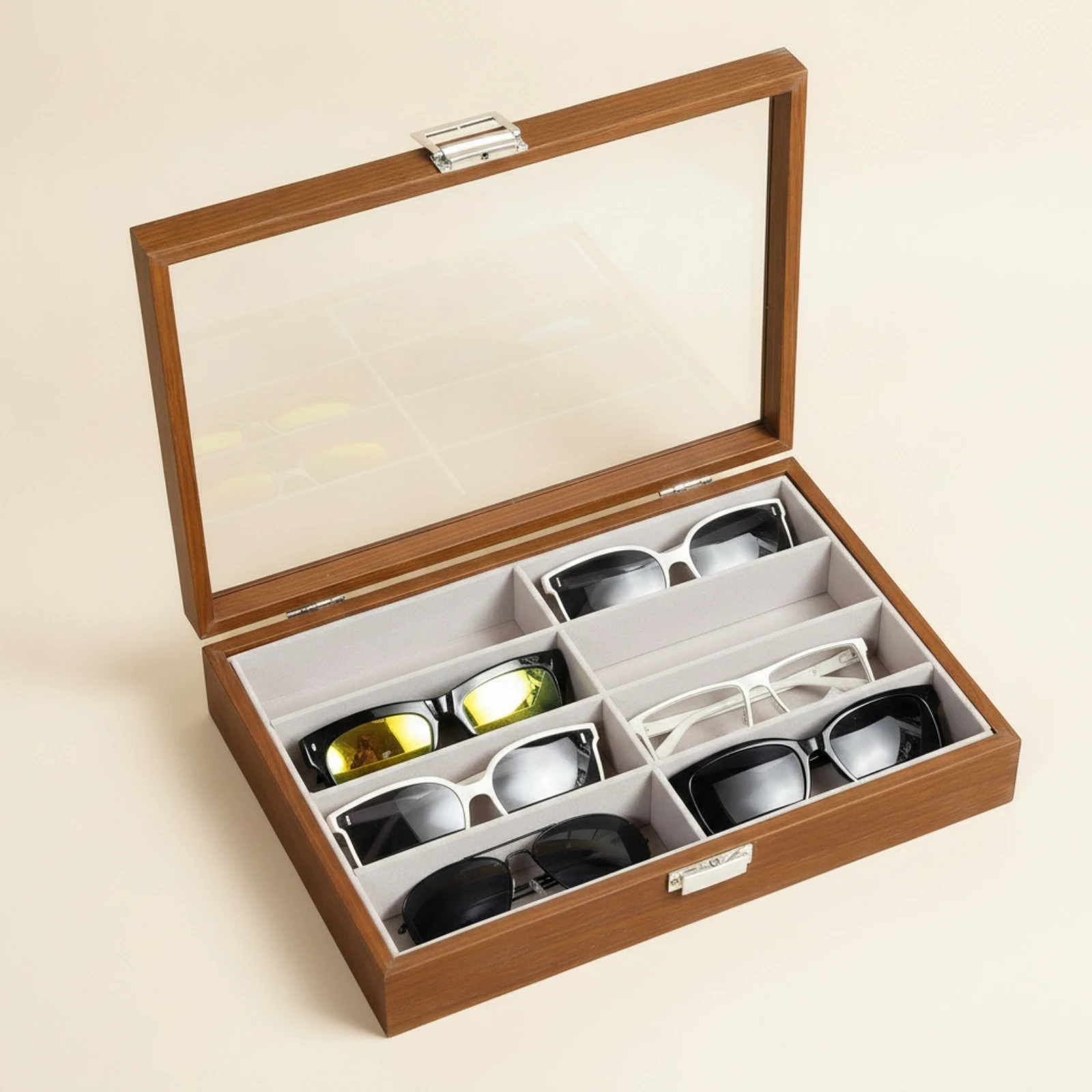 Sunglasses Organizer Wooden-Grain Sunglass Box with Glass Lid Sunglasses Storage Box 8-Compartment Eyeglass Display Case