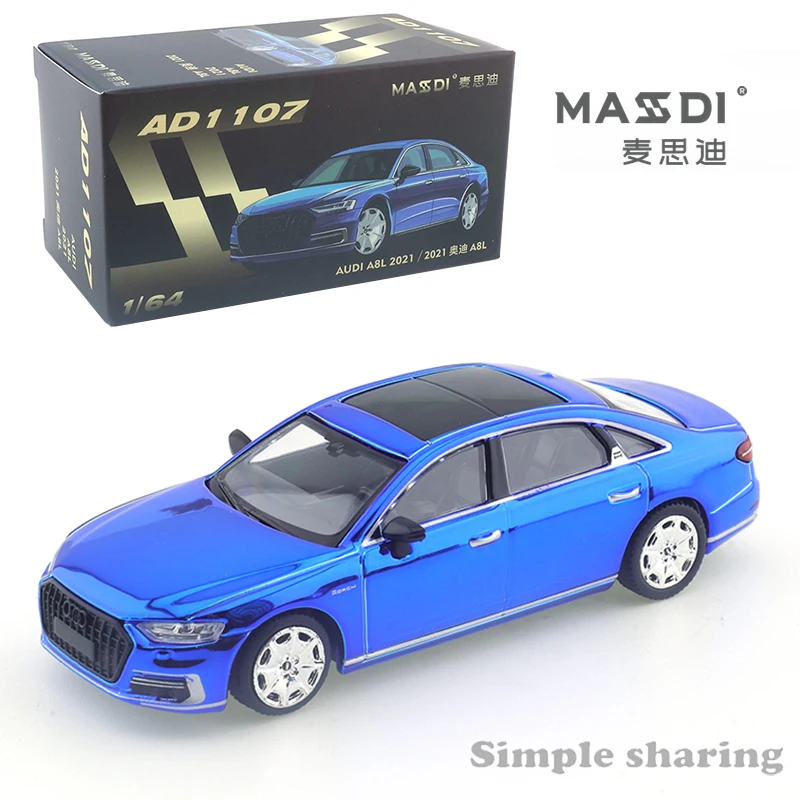 MASDI 1/64 simulación de aleación de fundición a presión modelo de coche colección para adultos decoración Audi A8L galvanizado azul 2021 modelo