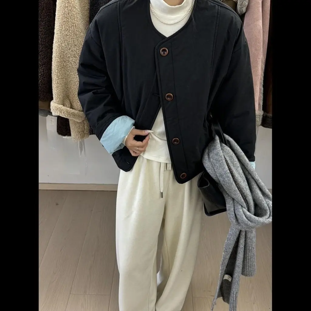 여성용 퀼팅 재킷 한국 스타일 라운드 넥 싱글 브레스티드 따뜻한 면 외투 트렌디한 가을 겨울 패션