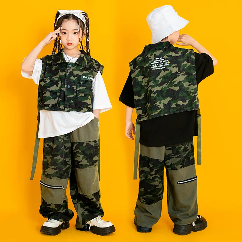 New Hip Hop Kids Wear Street Dance Clothes Camo Vest Calças de Manga Curta T Shirt Meninos Concerto Show Stage Costume 6 8 10 12 14 16Y