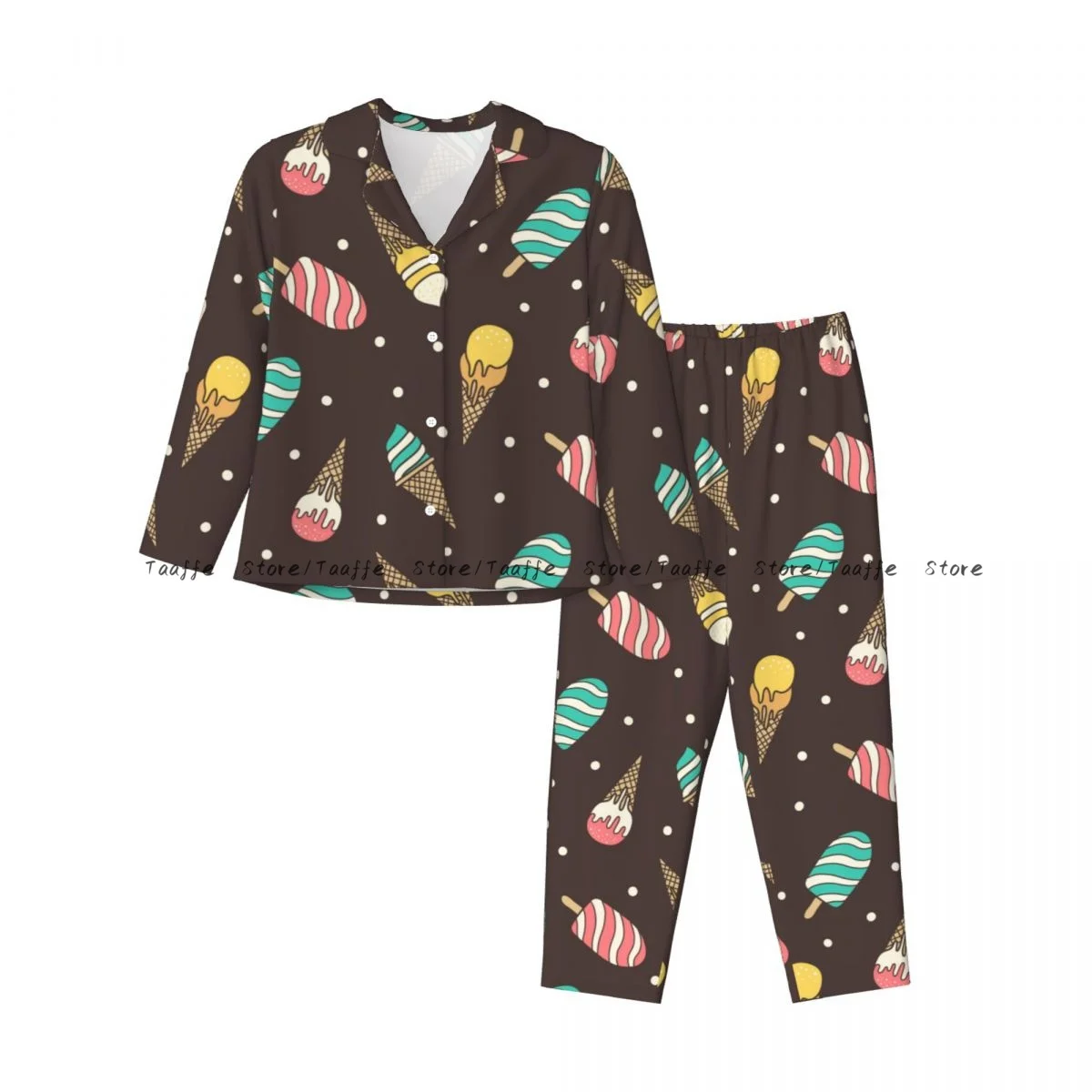 Cute Ice Cream Womens Pajamas Loungewear Two-piece Sleepwear Button-Down Full Sleeve Long Pajamas Set